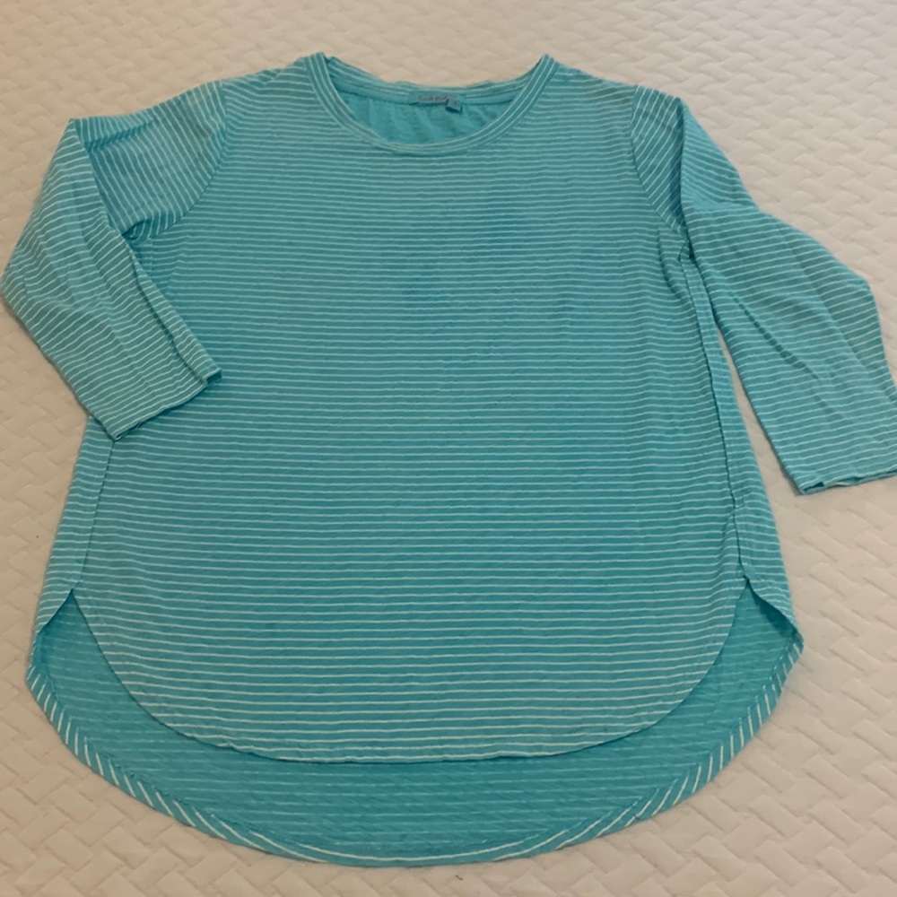 Fresh Produce tunic top. Light aqua stripes with white. Size M
